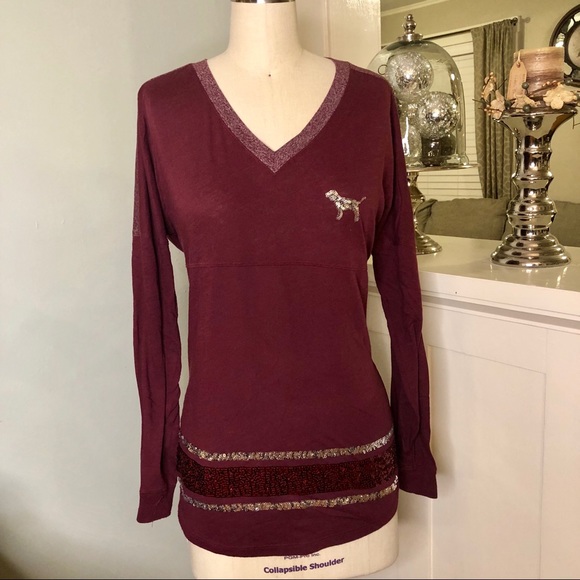 PINK Victoria's Secret Tops - Victoria Secret Pink Burgundy Sequin Shirt Top